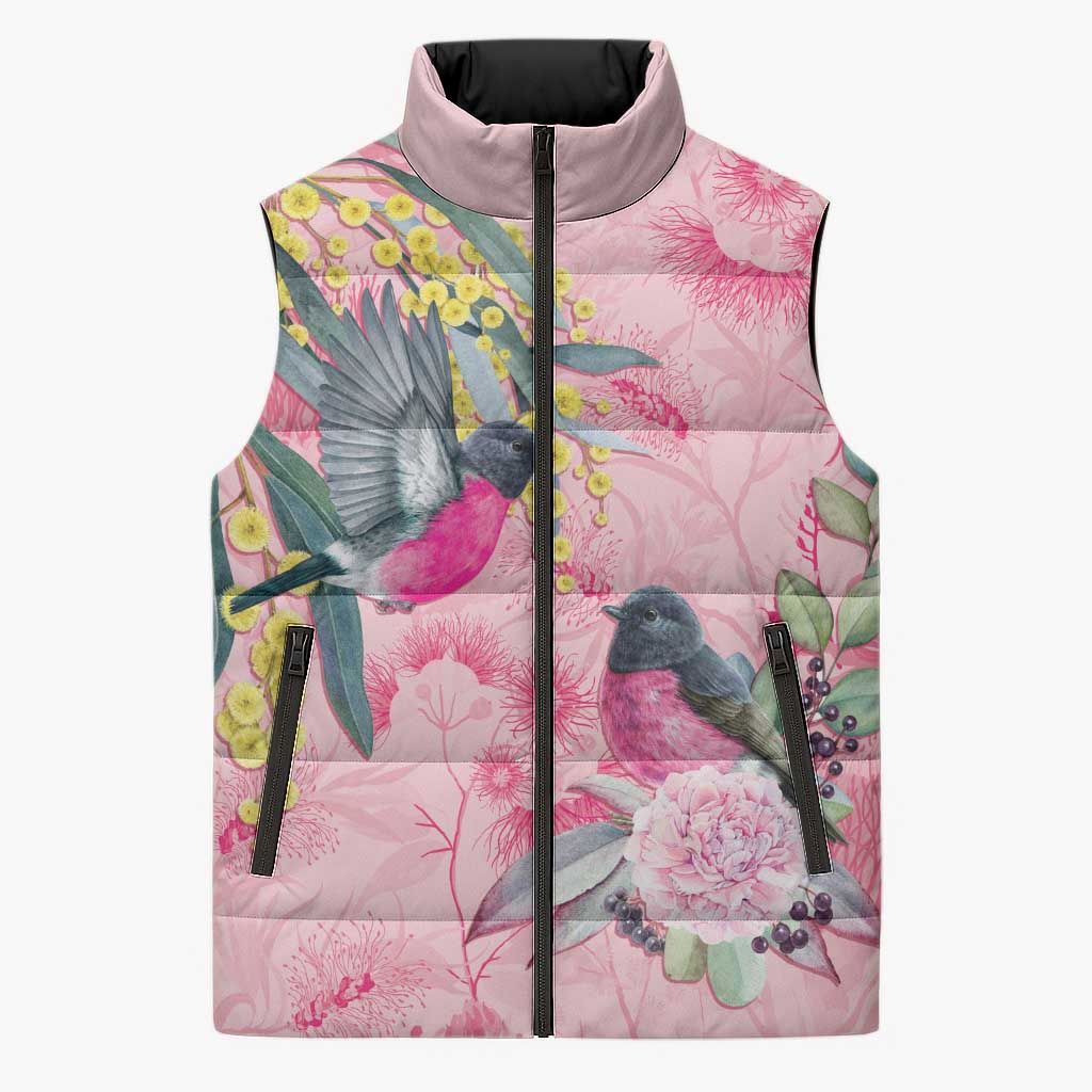 Birds and Floral Aussie Pink Robins Sleeveless Puffer Jacket Rosy Glow - Aussie Hoodie