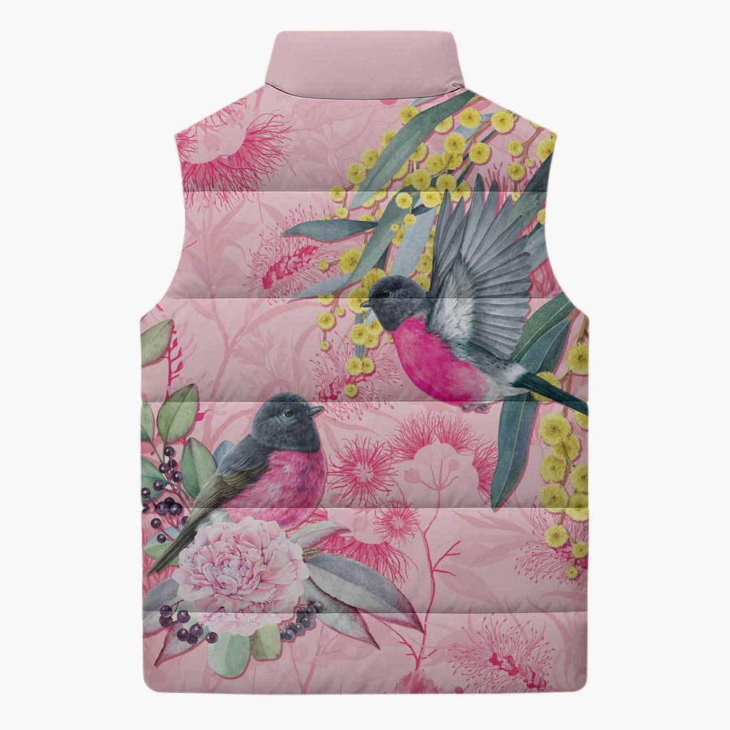 Birds and Floral Aussie Pink Robins Sleeveless Puffer Jacket Rosy Glow - Aussie Hoodie