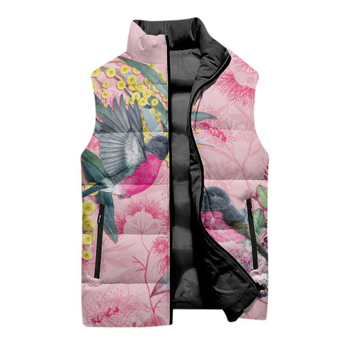 Birds and Floral Aussie Pink Robins Sleeveless Puffer Jacket Rosy Glow - Aussie Hoodie