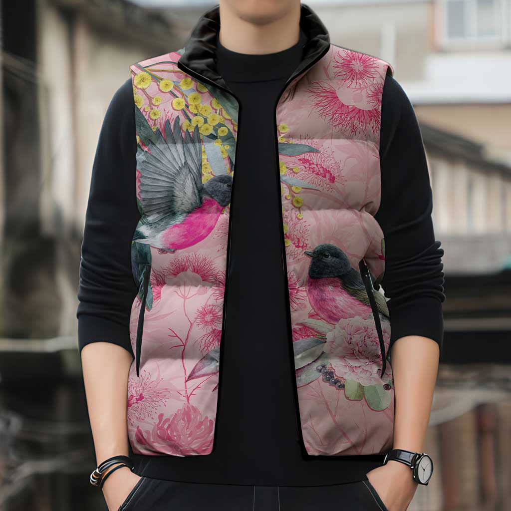 Birds and Floral Aussie Pink Robins Sleeveless Puffer Jacket Rosy Glow - Aussie Hoodie