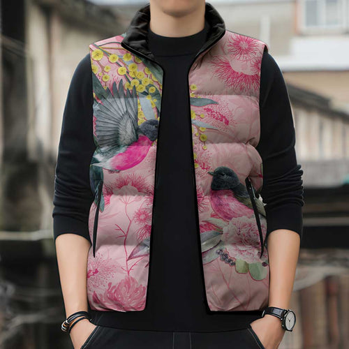 Birds and Floral Aussie Pink Robins Sleeveless Puffer Jacket Rosy Glow - Aussie Hoodie