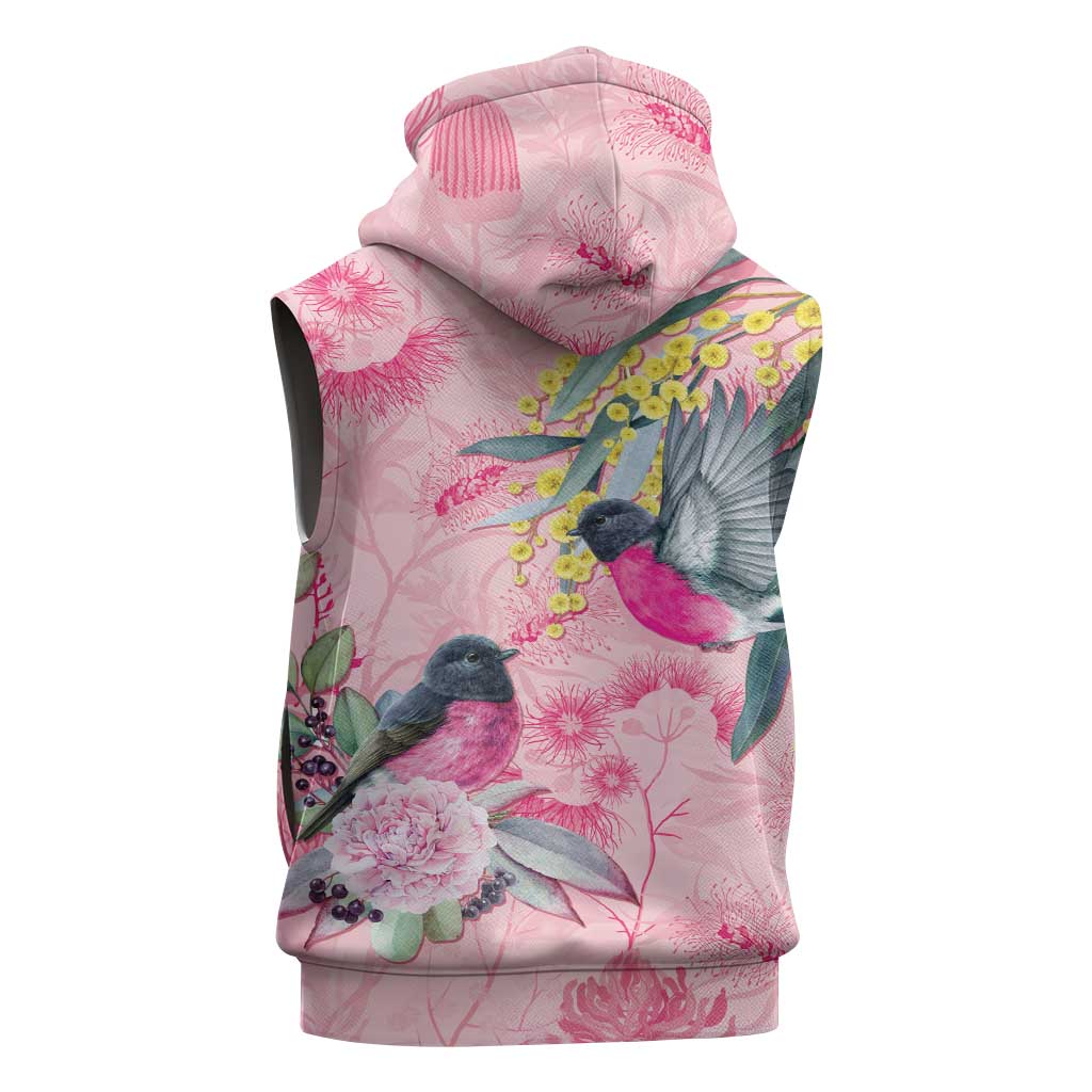 Birds and Floral Aussie Pink Robins Sleeveless Zip Hoodie Rosy Glow - Aussie Hoodie
