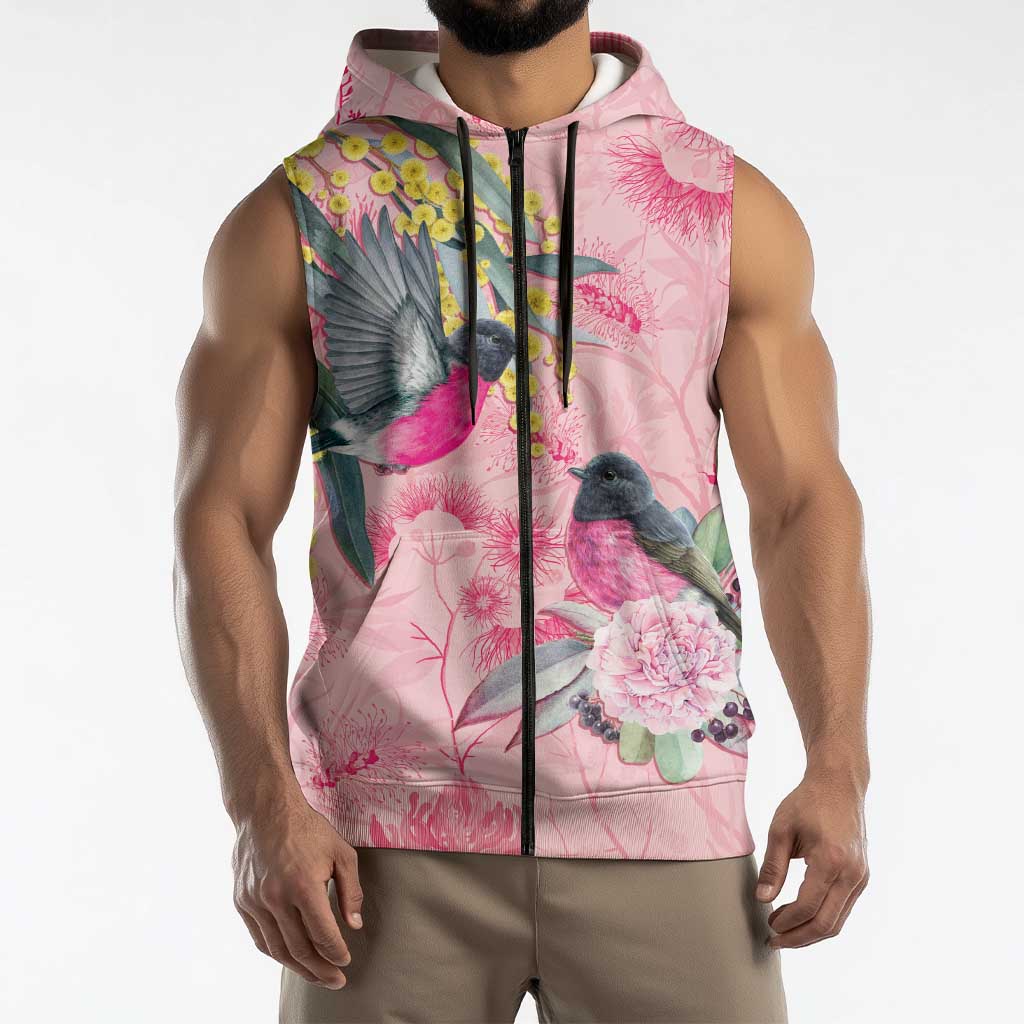 Birds and Floral Aussie Pink Robins Sleeveless Zip Hoodie Rosy Glow - Aussie Hoodie