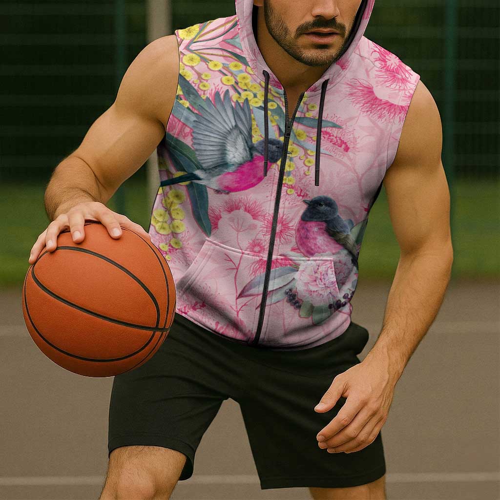 Birds and Floral Aussie Pink Robins Sleeveless Zip Hoodie Rosy Glow - Aussie Hoodie