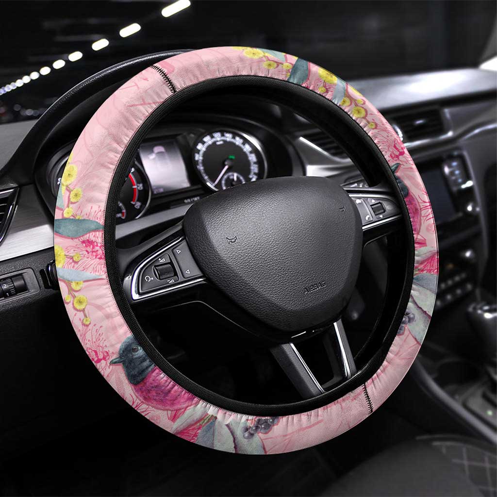 Birds and Floral Aussie Pink Robins Steering Wheel Cover Rosy Glow - Aussie Hoodie