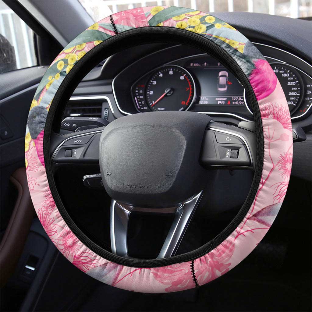 Birds and Floral Aussie Pink Robins Steering Wheel Cover Rosy Glow - Aussie Hoodie