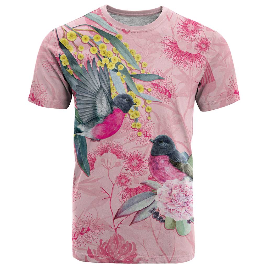 Birds and Floral Aussie Pink Robins T Shirt Rosy Glow - Aussie Hoodie
