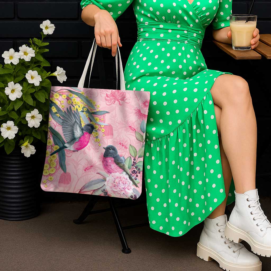 Birds and Floral Aussie Pink Robins Tote Bag Rosy Glow - Aussie Hoodie