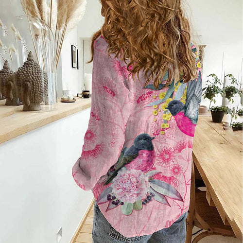 Birds and Floral Aussie Pink Robins Women Casual Shirt Rosy Glow - Aussie Hoodie