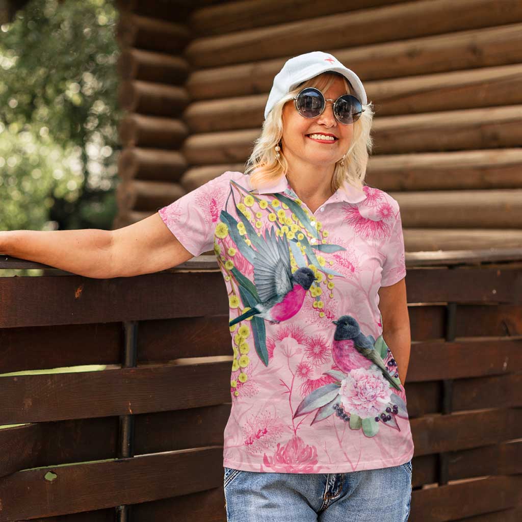 Birds and Floral Aussie Pink Robins Women Polo Shirt Rosy Glow - Aussie Hoodie