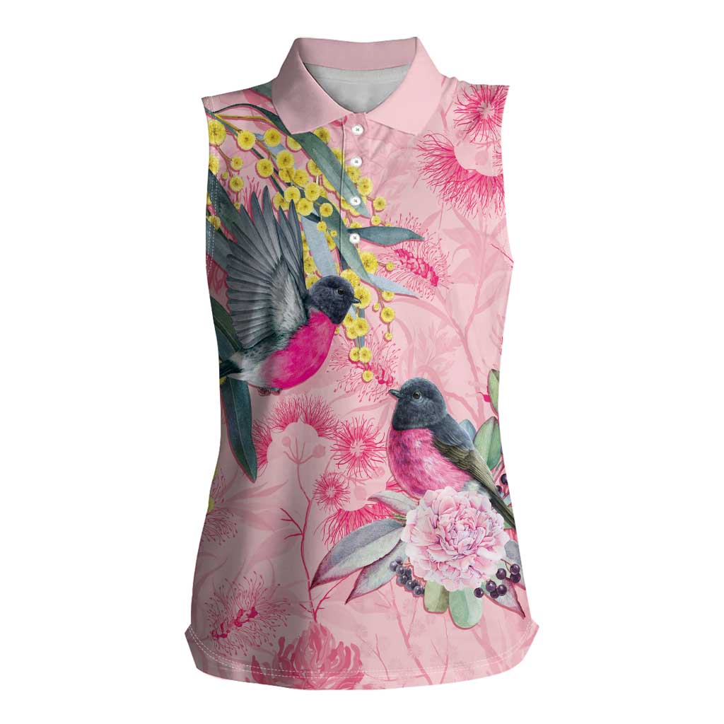 Birds and Floral Aussie Pink Robins Women Sleeveless Polo Shirt Rosy Glow - Aussie Hoodie