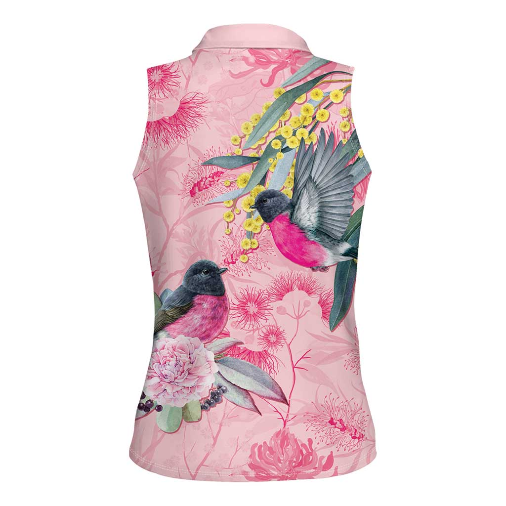 Birds and Floral Aussie Pink Robins Women Sleeveless Polo Shirt Rosy Glow - Aussie Hoodie