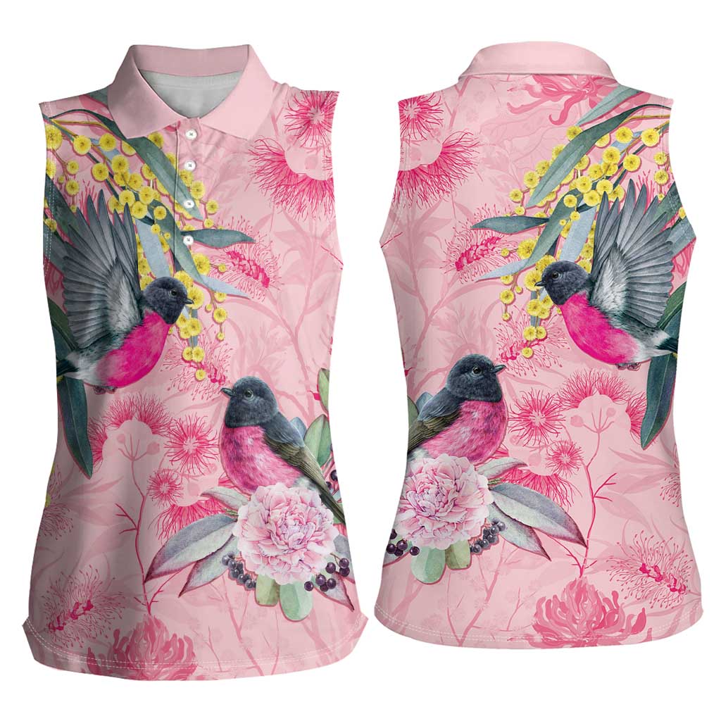 Birds and Floral Aussie Pink Robins Women Sleeveless Polo Shirt Rosy Glow - Aussie Hoodie