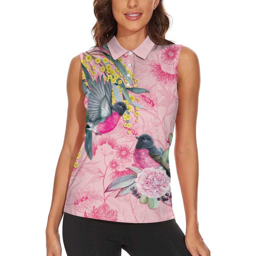 Birds and Floral Aussie Pink Robins Women Sleeveless Polo Shirt Rosy Glow - Aussie Hoodie