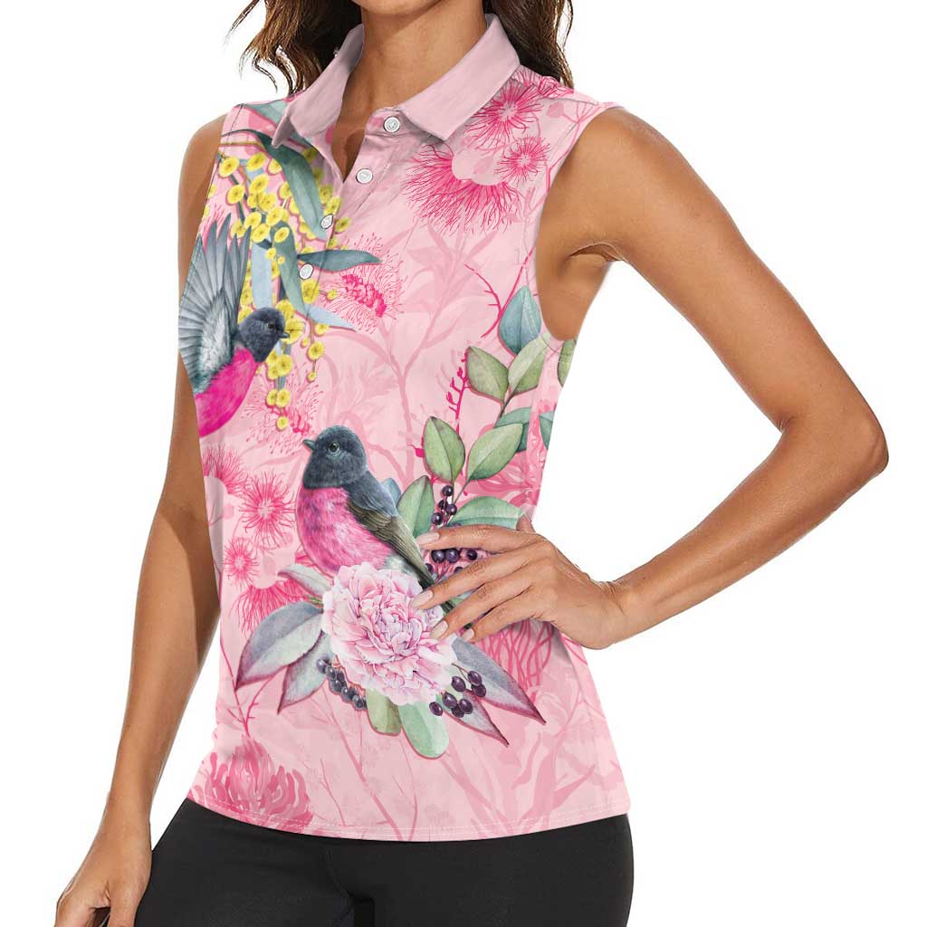Birds and Floral Aussie Pink Robins Women Sleeveless Polo Shirt Rosy Glow - Aussie Hoodie