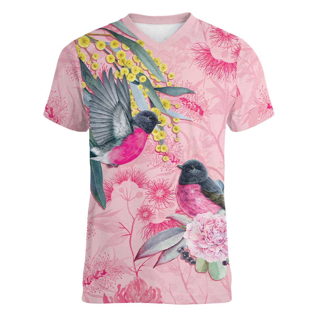Birds and Floral Aussie Pink Robins Women V-Neck T-Shirt Rosy Glow - Aussie Hoodie
