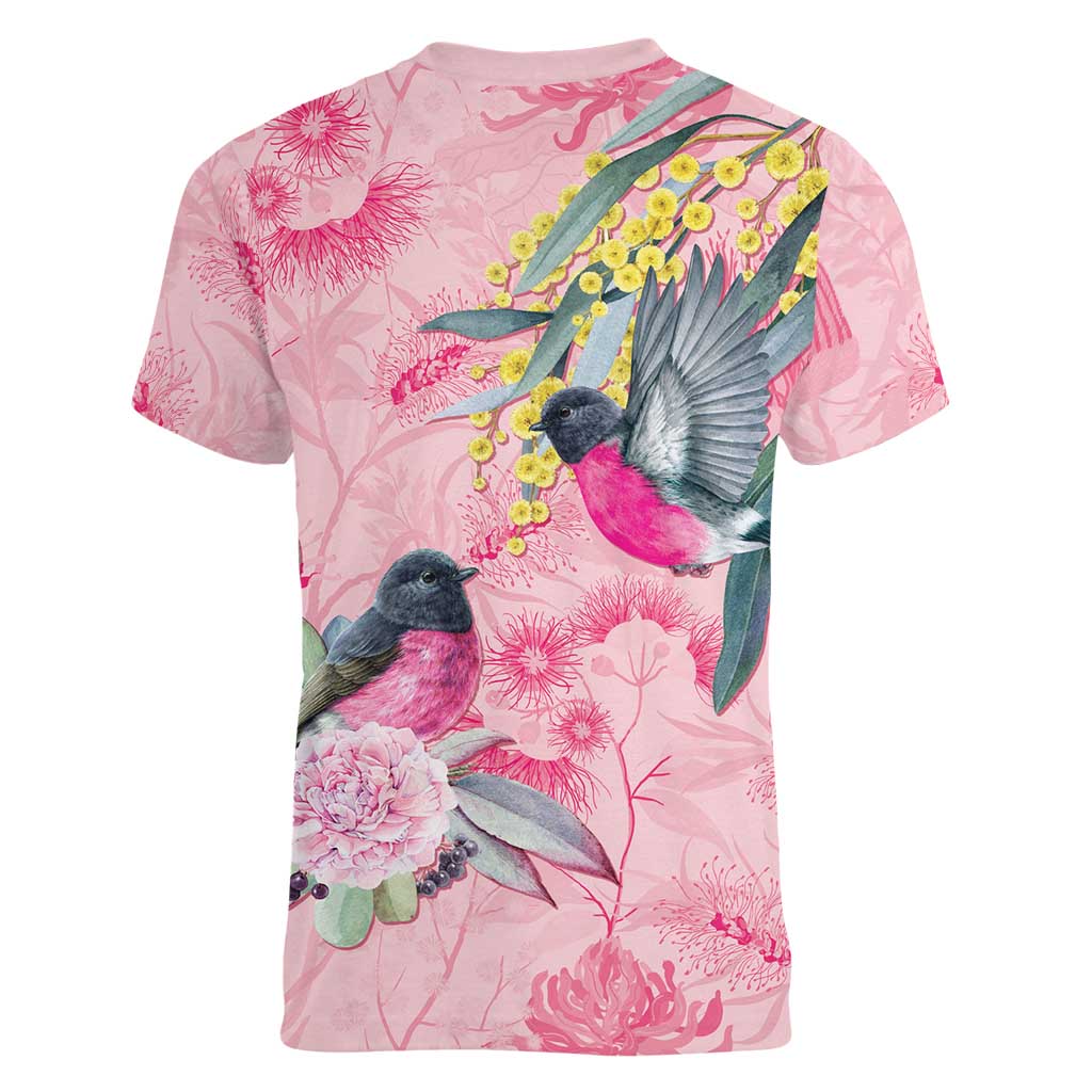 Birds and Floral Aussie Pink Robins Women V-Neck T-Shirt Rosy Glow - Aussie Hoodie