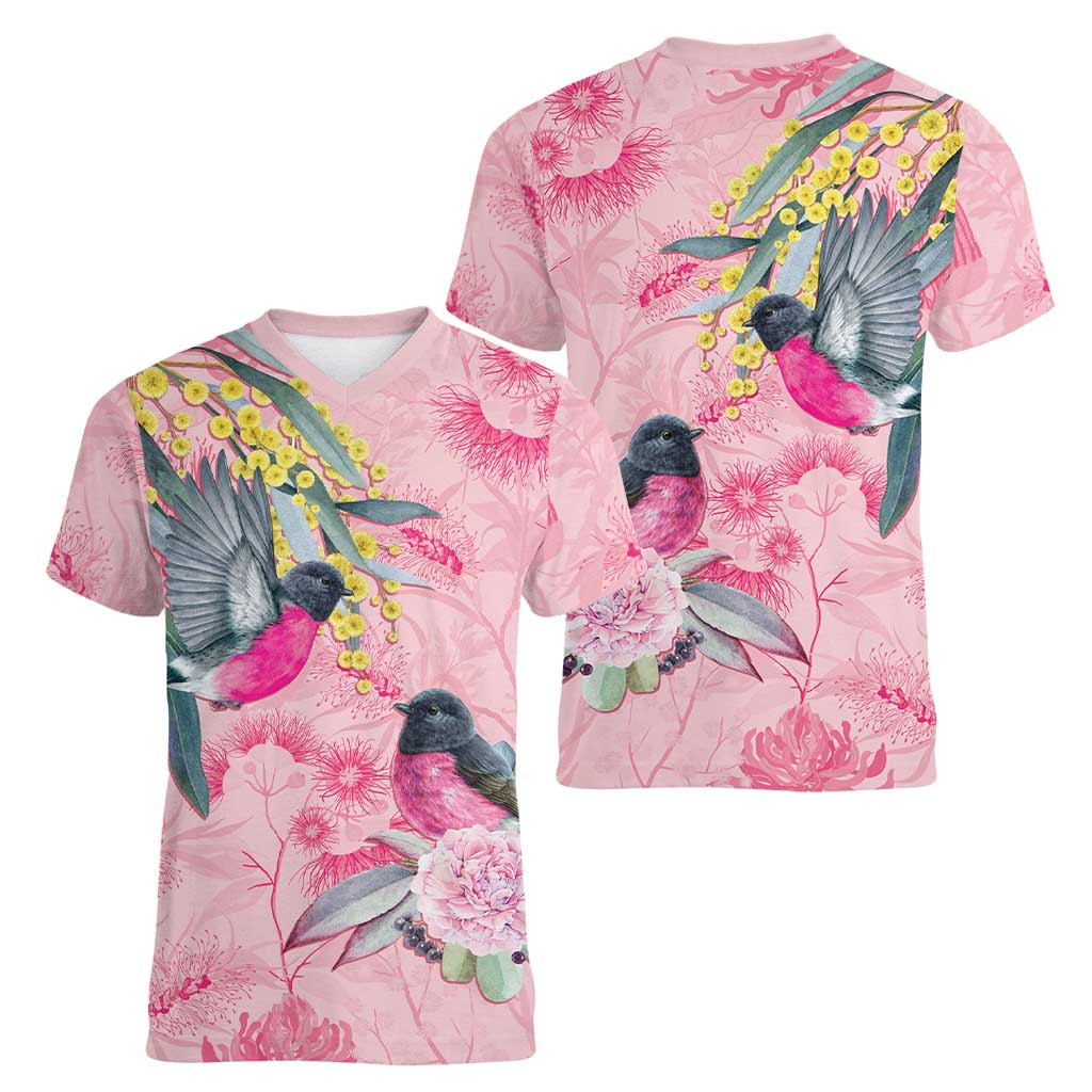 Birds and Floral Aussie Pink Robins Women V-Neck T-Shirt Rosy Glow - Aussie Hoodie