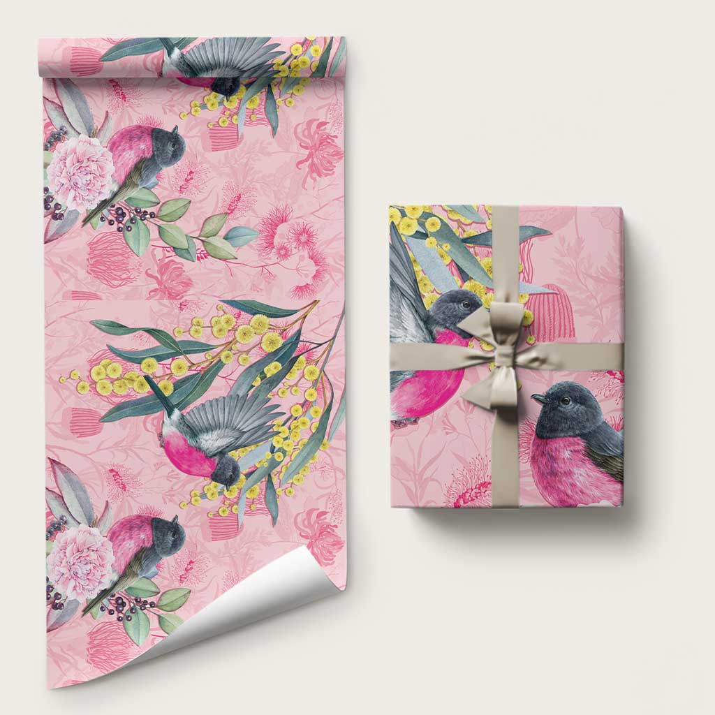 Birds and Floral Aussie Pink Robins Wrapping Paper Rosy Glow