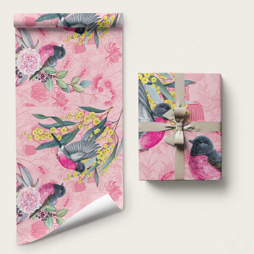 Birds and Floral Aussie Pink Robins Wrapping Paper Rosy Glow
