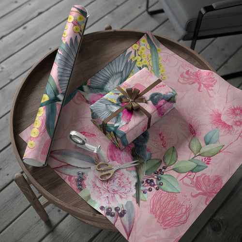 Birds and Floral Aussie Pink Robins Wrapping Paper Rosy Glow