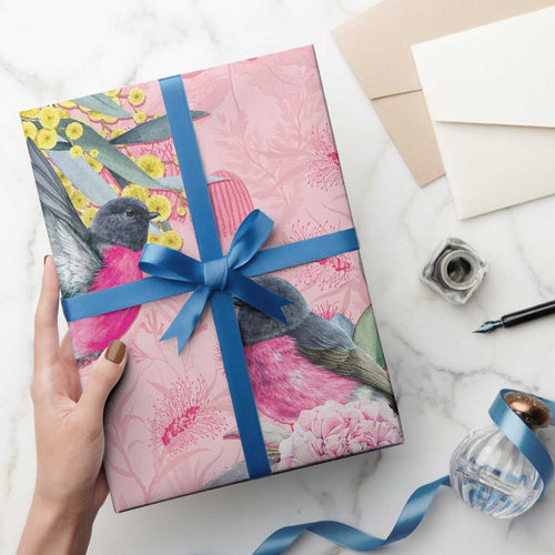 Birds and Floral Aussie Pink Robins Wrapping Paper Rosy Glow