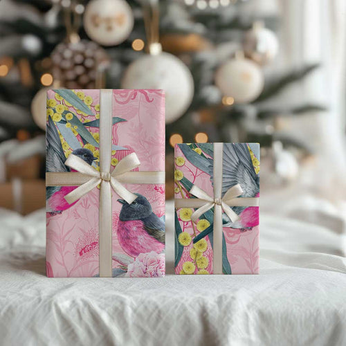 Birds and Floral Aussie Pink Robins Wrapping Paper Rosy Glow