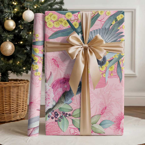Birds and Floral Aussie Pink Robins Wrapping Paper Rosy Glow