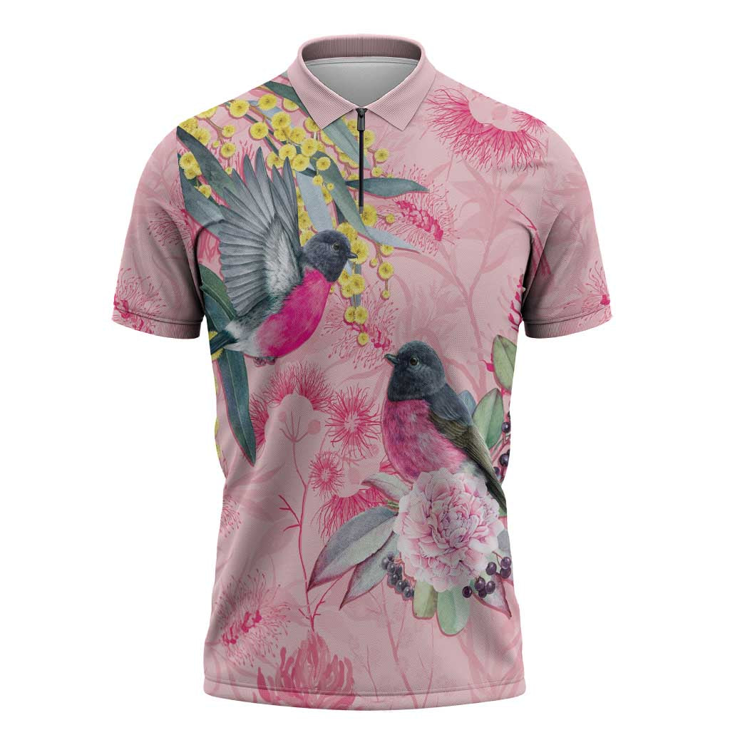 Birds and Floral Aussie Pink Robins Zipper Polo Shirt Rosy Glow - Aussie Hoodie