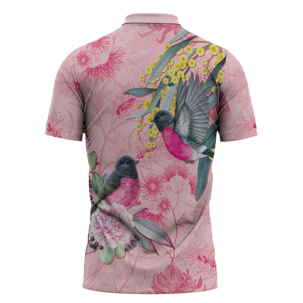 Birds and Floral Aussie Pink Robins Zipper Polo Shirt Rosy Glow - Aussie Hoodie
