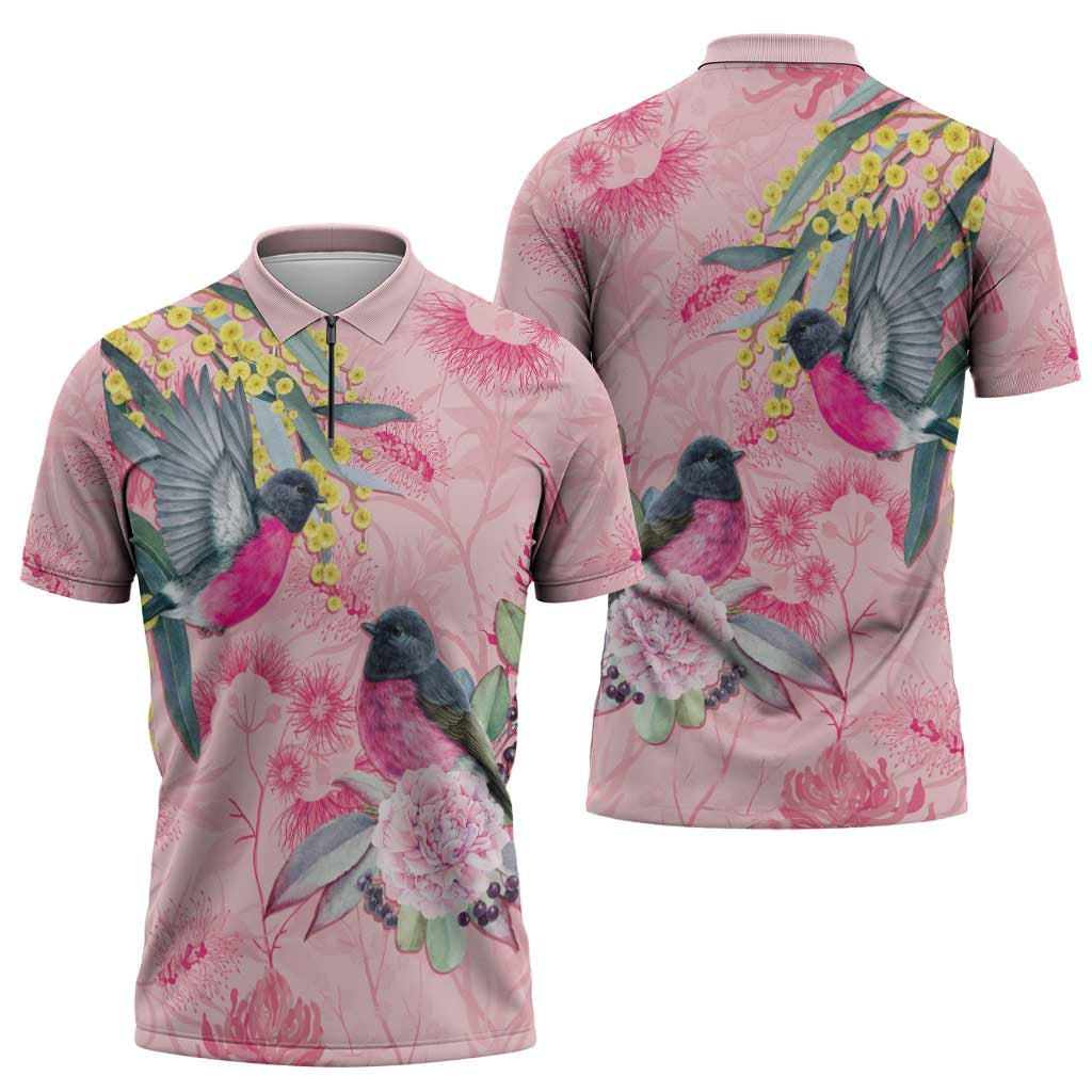 Birds and Floral Aussie Pink Robins Zipper Polo Shirt Rosy Glow - Aussie Hoodie