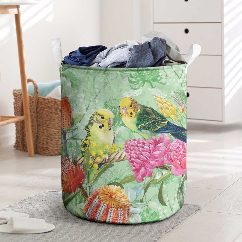 Birds and Floral Aussie Budgerigars Laundry Basket Mint Opal - Aussie Hoodie
