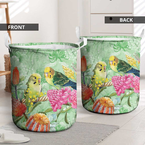 Birds and Floral Aussie Budgerigars Laundry Basket Mint Opal - Aussie Hoodie