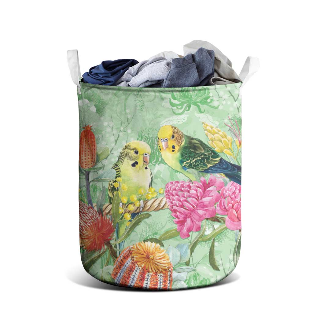 Birds and Floral Aussie Budgerigars Laundry Basket Mint Opal - Aussie Hoodie