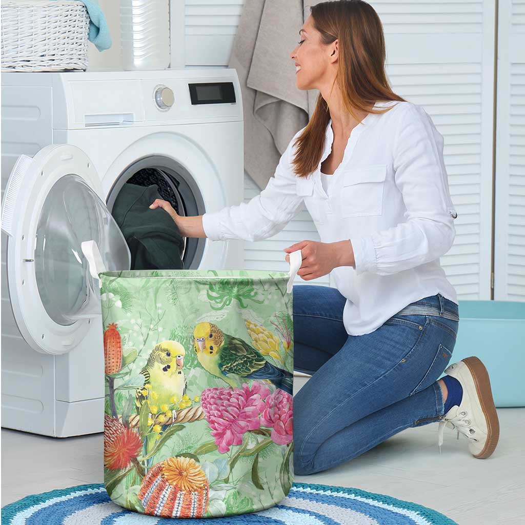 Birds and Floral Aussie Budgerigars Laundry Basket Mint Opal - Aussie Hoodie