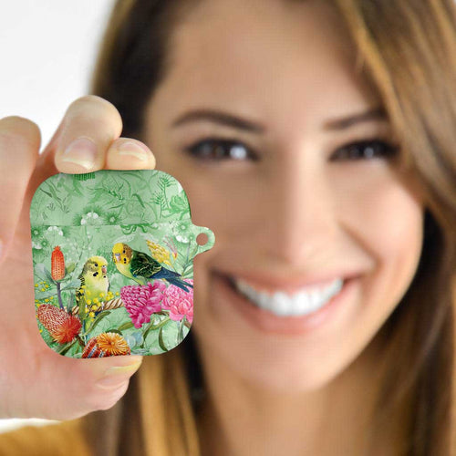 Birds and Floral Aussie Budgerigars AirPods Case Mint Opal - Aussie Hoodie
