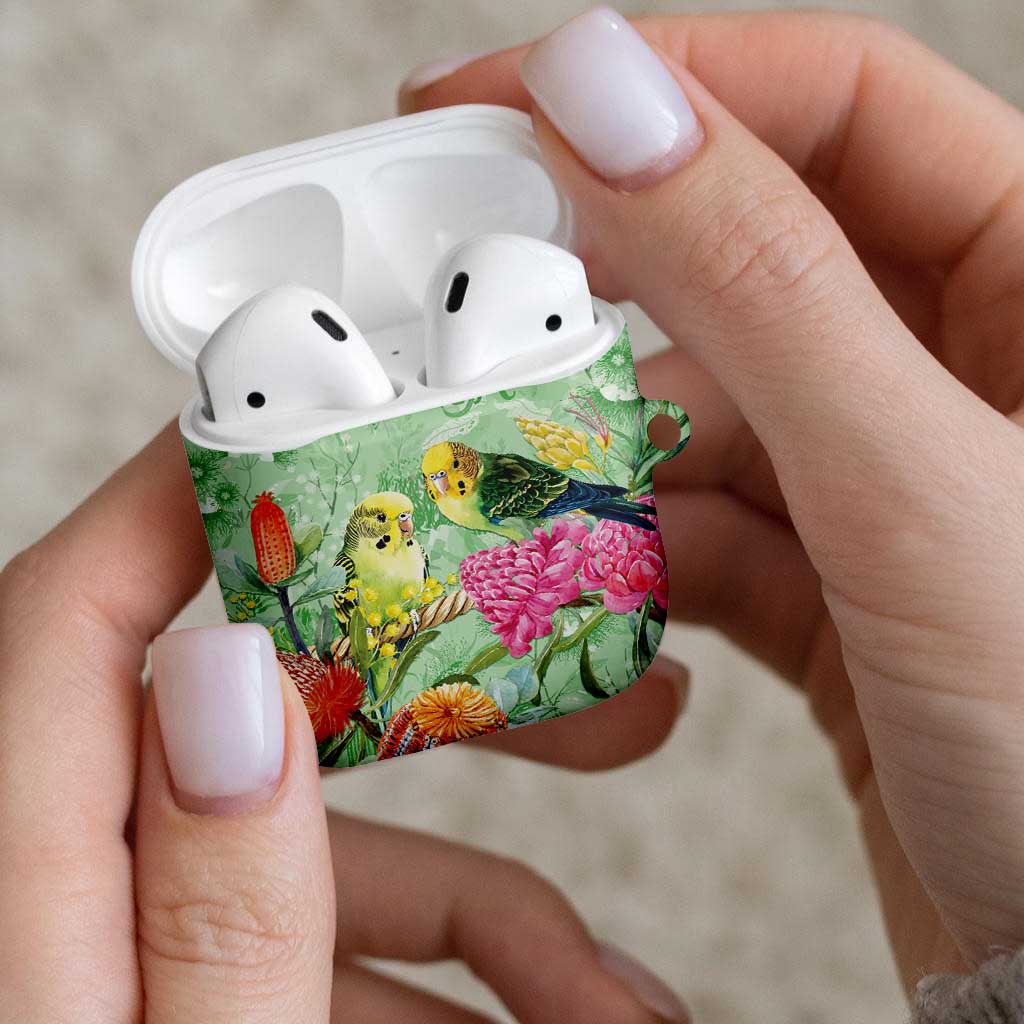 Birds and Floral Aussie Budgerigars AirPods Case Mint Opal - Aussie Hoodie