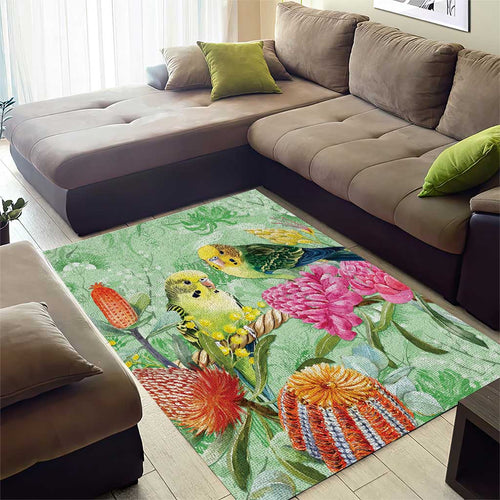 Birds and Floral Aussie Budgerigars Area Rug Mint Opal - Aussie Hoodie
