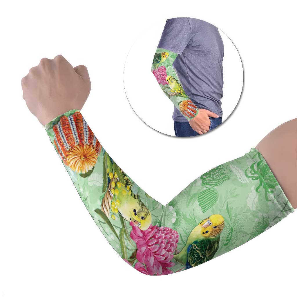 Birds and Floral Aussie Budgerigars Arm Sleeves Mint Opal - Aussie Hoodie