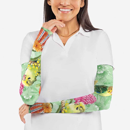Birds and Floral Aussie Budgerigars Arm Sleeves Mint Opal - Aussie Hoodie