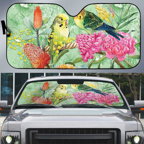 Birds and Floral Aussie Budgerigars Auto Sun Shade Mint Opal - Aussie Hoodie