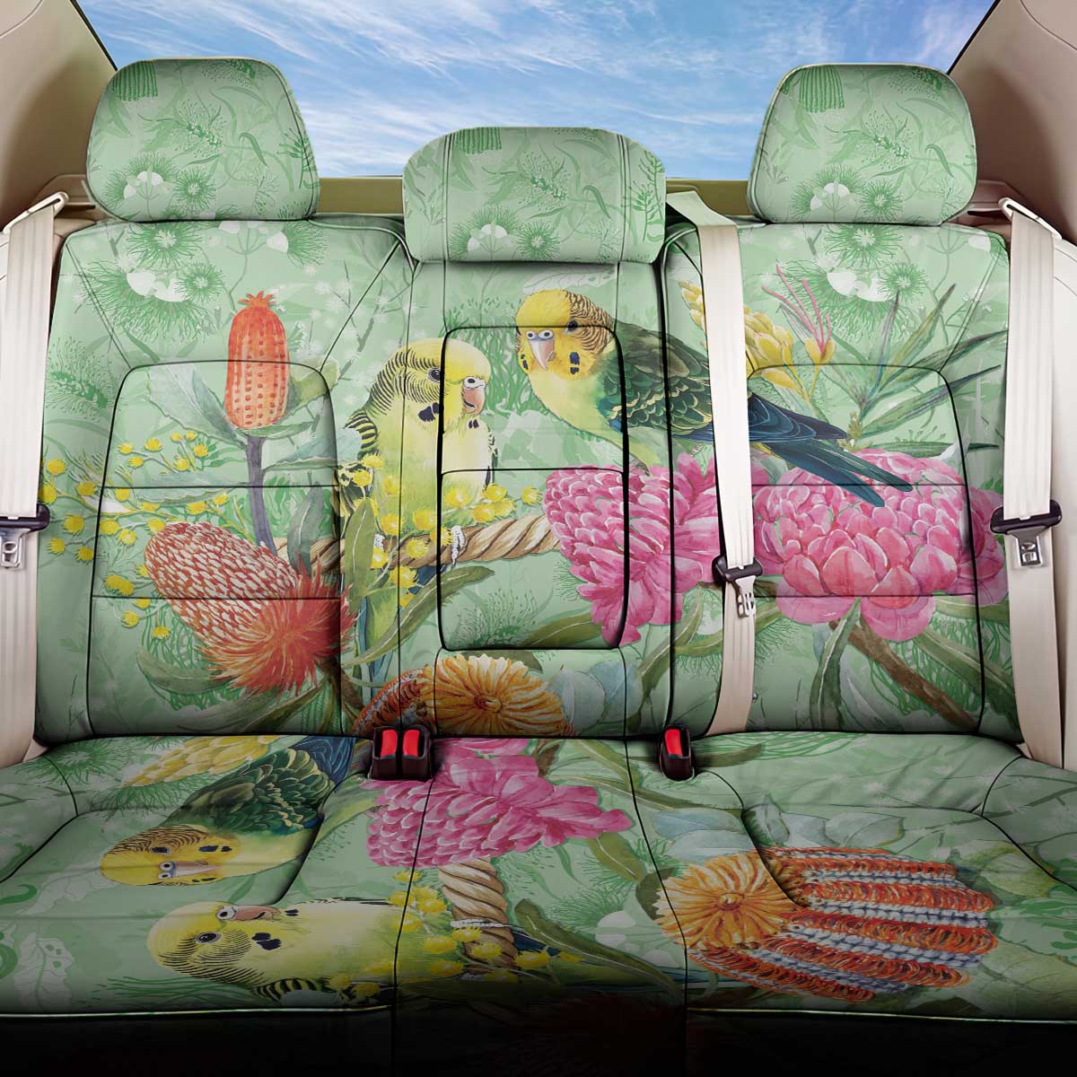Birds and Floral Aussie Budgerigars Back Car Seat Cover Mint Opal - Aussie Hoodie