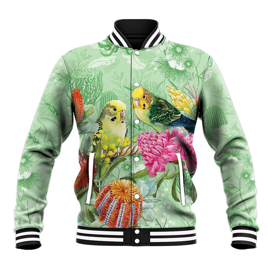 Birds and Floral Aussie Budgerigars Baseball Jacket Mint Opal - Aussie Hoodie