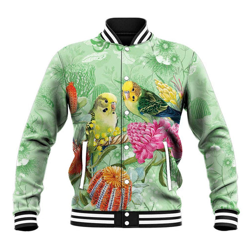 Birds and Floral Aussie Budgerigars Baseball Jacket Mint Opal - Aussie Hoodie