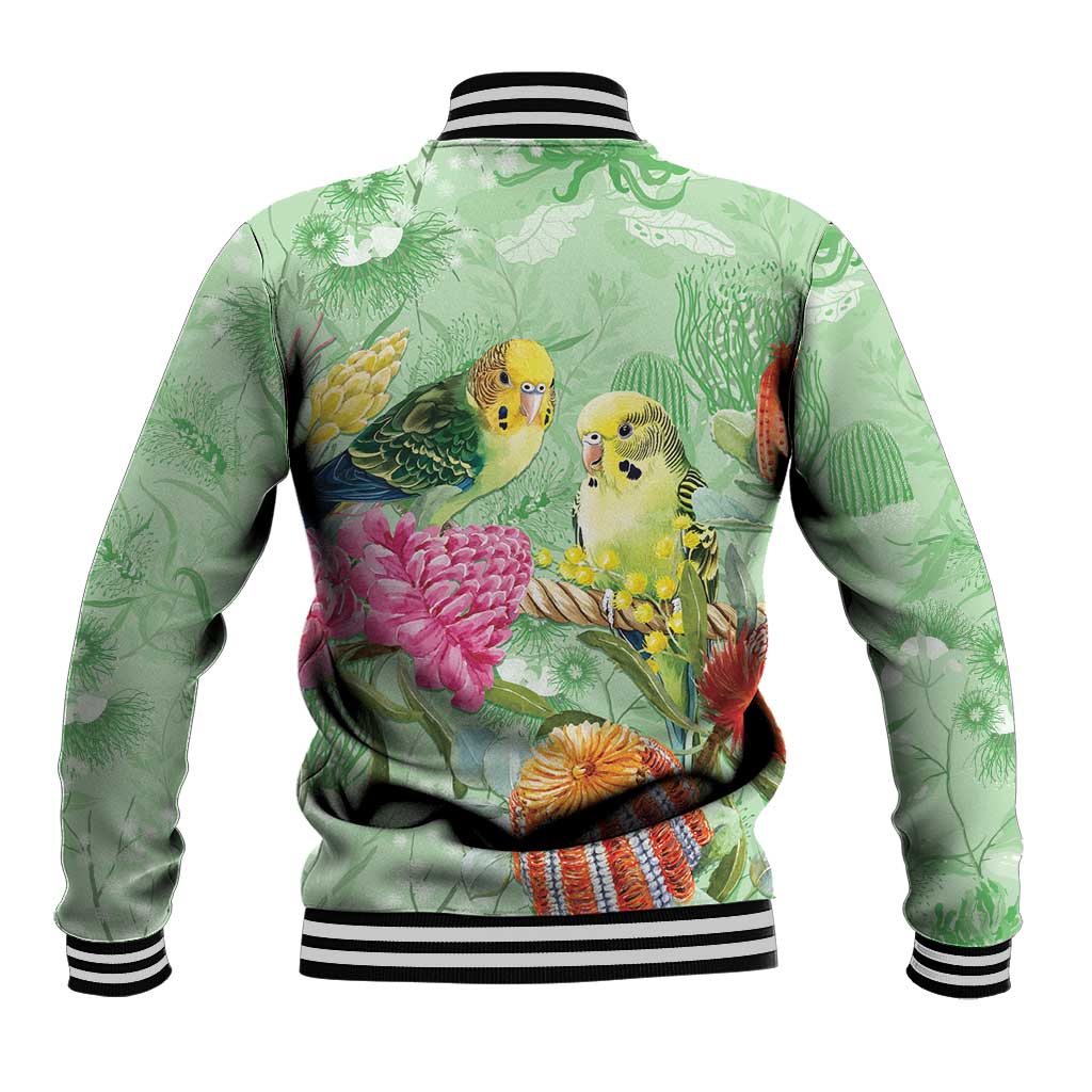 Birds and Floral Aussie Budgerigars Baseball Jacket Mint Opal - Aussie Hoodie