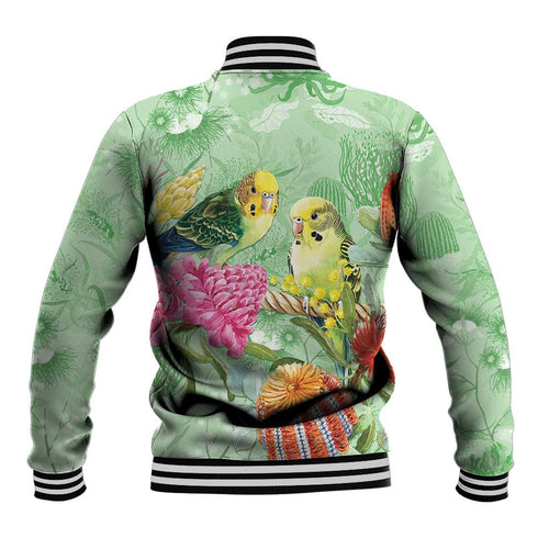 Birds and Floral Aussie Budgerigars Baseball Jacket Mint Opal - Aussie Hoodie
