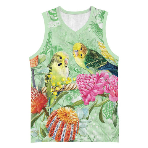 Birds and Floral Aussie Budgerigars Basketball Jersey Mint Opal - Aussie Hoodie