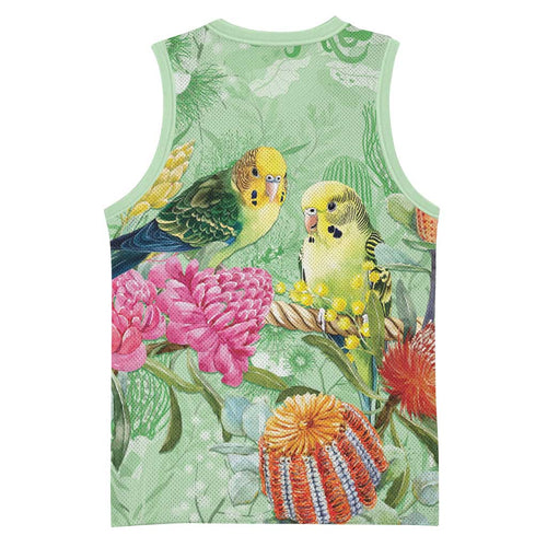 Birds and Floral Aussie Budgerigars Basketball Jersey Mint Opal - Aussie Hoodie