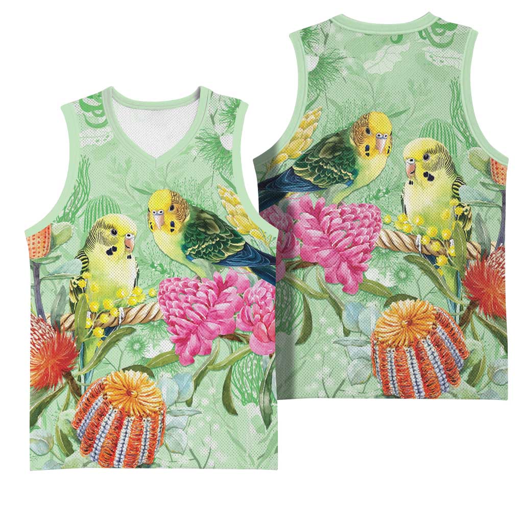 Birds and Floral Aussie Budgerigars Basketball Jersey Mint Opal - Aussie Hoodie