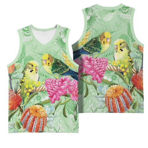 Birds and Floral Aussie Budgerigars Basketball Jersey Mint Opal - Aussie Hoodie